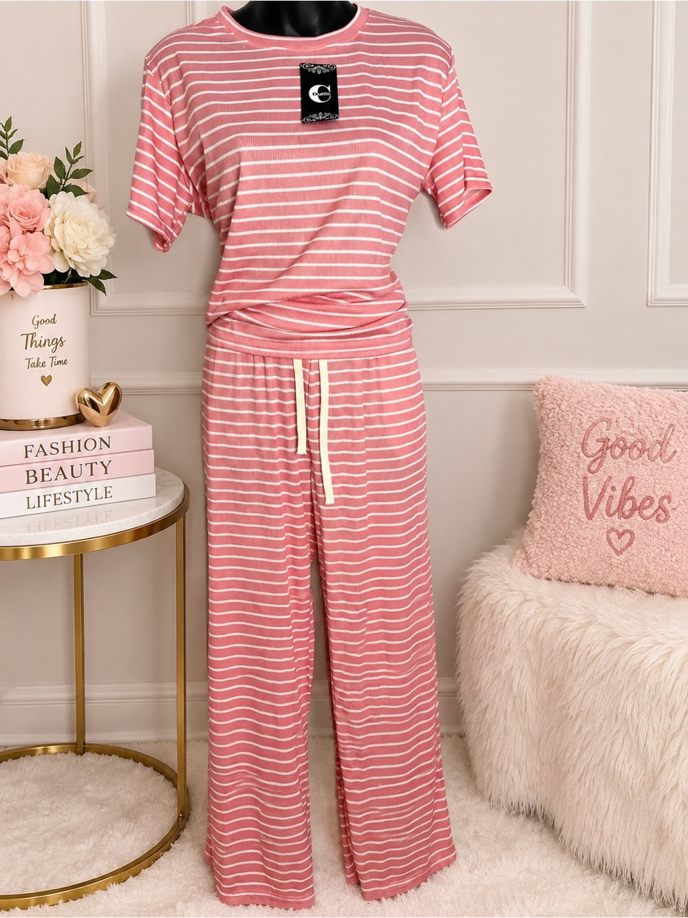Striped Pink Set - Comfortable Short Sleeve Top & Drawstring Pants with pockets
